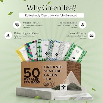 Art of Tea Green Tea Sampler 50 Count Variety Pack, Premium Assorted Green Tea Bags, Sencha, Jasmine, Matcha, Mint & Herbal Blends Luxury Tea Gift Set for Relaxation & Wellness