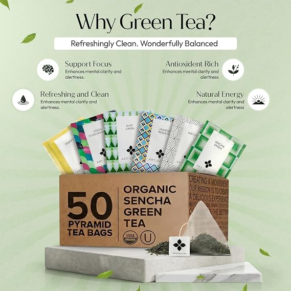 Art of Tea Green Tea Sampler 50 Count Variety Pack, Premium Assorted Green Tea Bags, Sencha, Jasmine, Matcha, Mint & Herbal Blends Luxury Tea Gift Set for Relaxation & Wellness