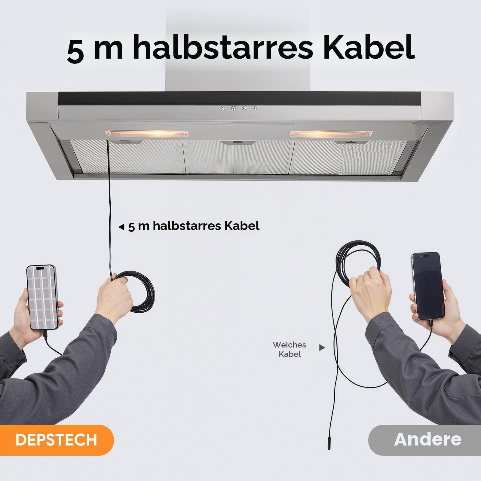 DEPSTECH 2K Endoskopkamera mit Licht: 2560P QHD Dual Lens Inspektionskamera | Endoskopkamera Handy mit 5m Schlangenkabel für iPhone und Android, 9LEDs, IP67 Wasserdicht für HLK, Sanitär und Kfz-Handwerk