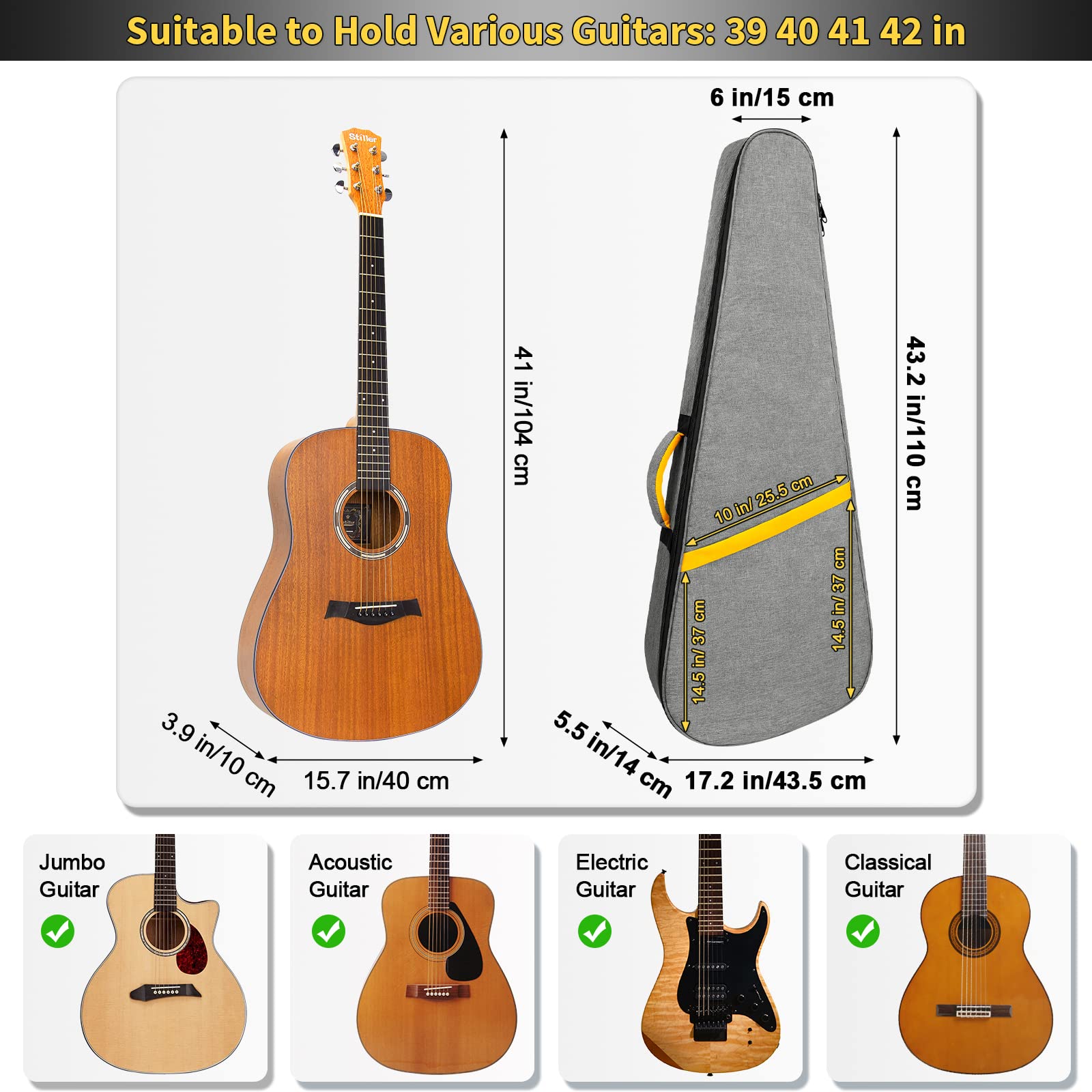 Bolsa de Guitarra Amarilla de Viaje, Triángulo -Gris, M, E-CHITARBAG-2