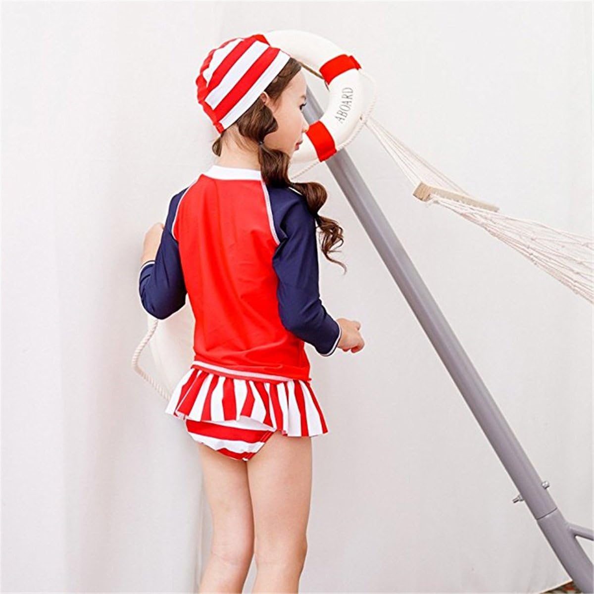 Baby Girls Kids 2 Piece Long Sleeve American Flag UV Sun Protection Rash Guards Swimsuit with Caps