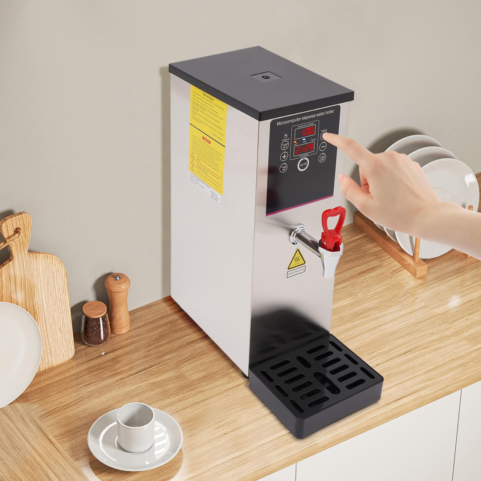 LIYUANJUN Commercial Hot Water Dispenser, 10L/2.64gal Electric Water Boiler with Inlet Pipe & Drip Tray Digital Display Screen Step-Heating Hot Water Maker for Large Homes Caterers Restaurants, Silver