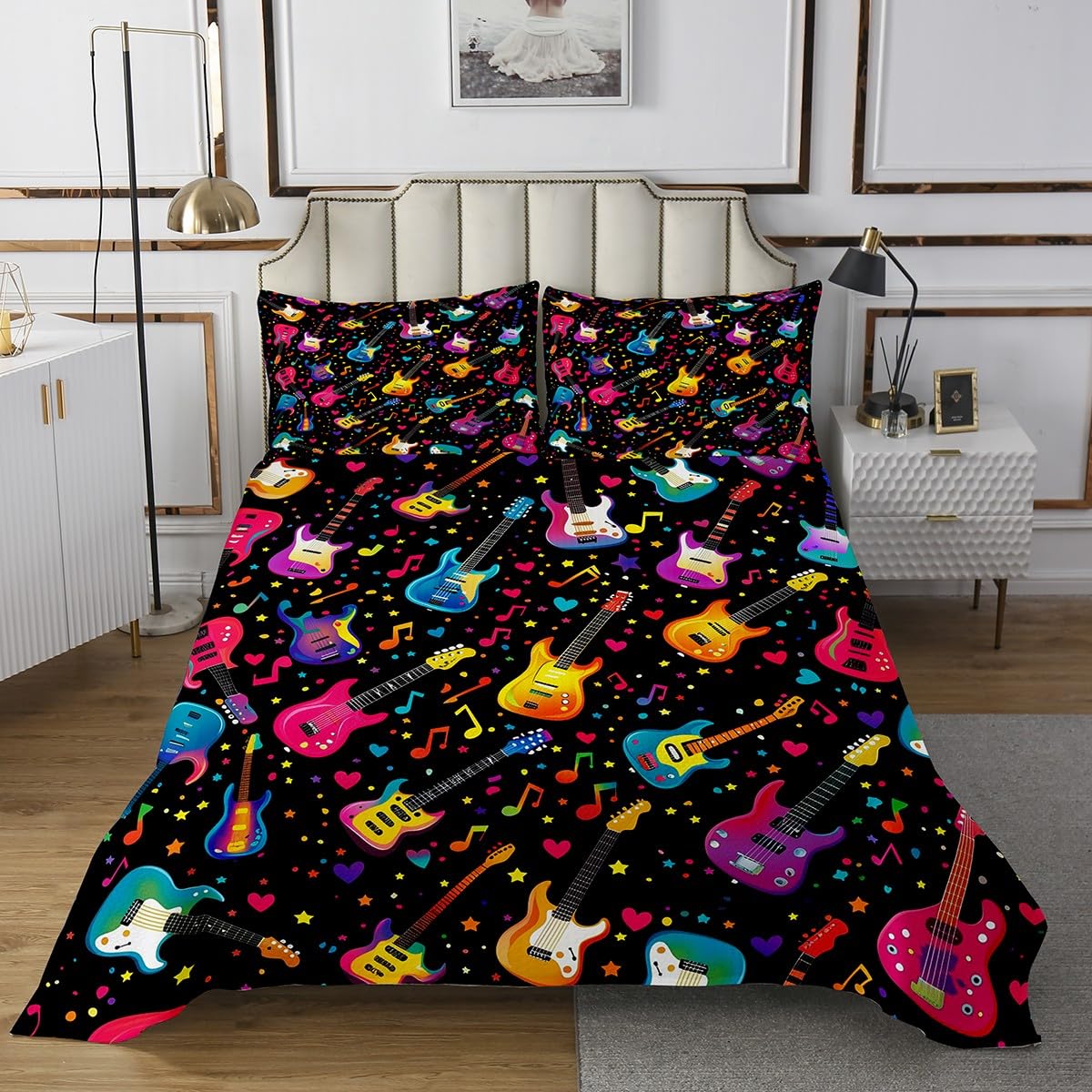Manfei Guitar Bedspread Queen Size, Watercolor Musical Notes Stars Hearts Coverlet Set 3pcs, Music Theme Quilted Coverlet with 2 Pillowcases, Kids Boys Girls Room Decor, Soft Bedding Quilt