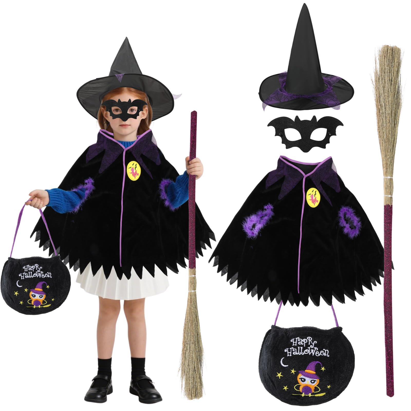 YEXEXINM Halloween Costume for Girls Wizard Cape Witch Cloak with Hat Broom Owl Bag Bat Mask Kids Wizard Witch Cloak Costumes Cosplay for Halloween Carnival Themed Parties