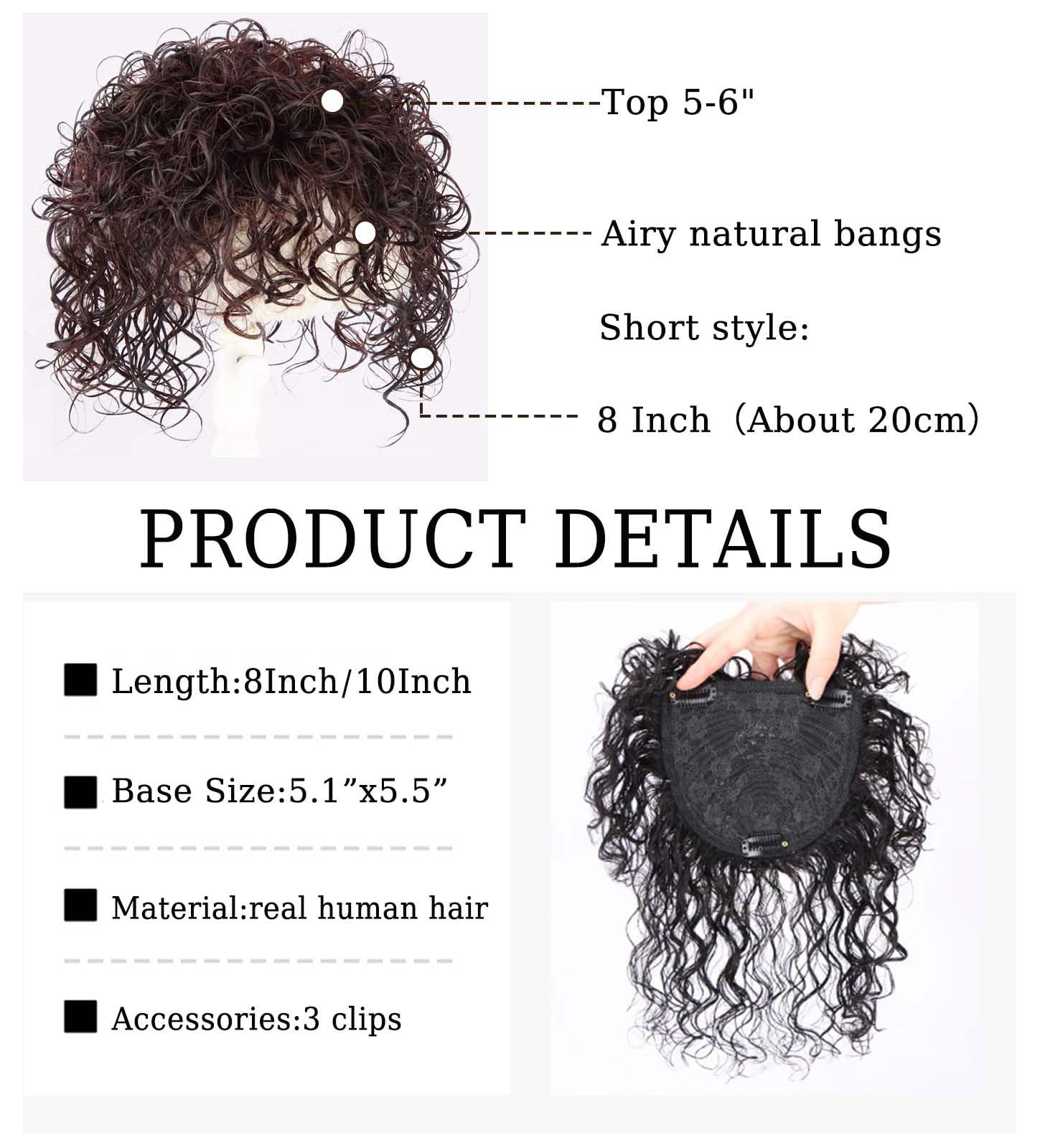 Echthaar-Topper mit Pony für Damen 13 x 14 cm, unsichtbare Rosenspitzenbasis lockiges Clip-in-Oberteil für dünner werdendes Haar kurzwellige Haarverlängerung mehr Volumen Dunkelbraun
