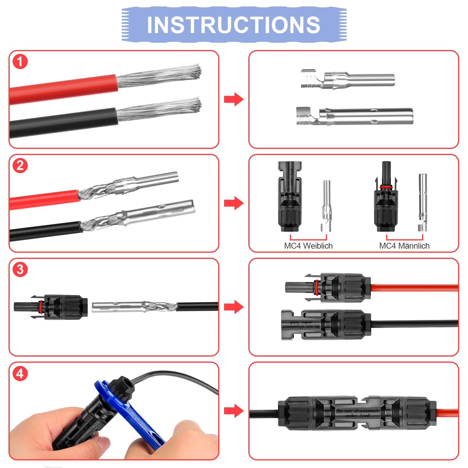 Kit de pinces à sertir solaire pour câble PV 2,5/4/6 mm², 5 paires de fiches MC4, 9 fiches solaires mâle/femelle, 1 pince à sertir MC4