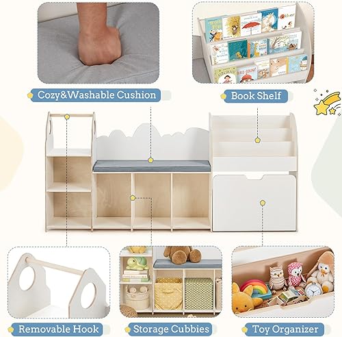 Miniatura 3 de Rincón de lectura para niños de 67 pulgadas con banco, organizador de almacenamiento de juguetes con cojín de asiento, 6 cubos de almacenamiento,