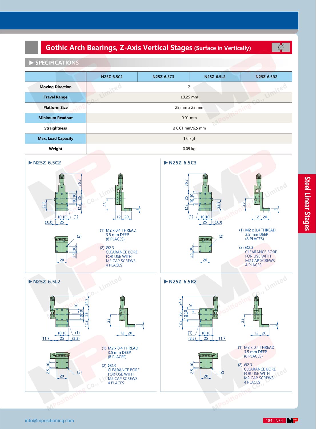 N25Z-6.5C2 Z-Axis Vertical Stage with Gothic Arch Ball Bearings, Stainless Steel Bodies and Center-Mounted Micrometer
