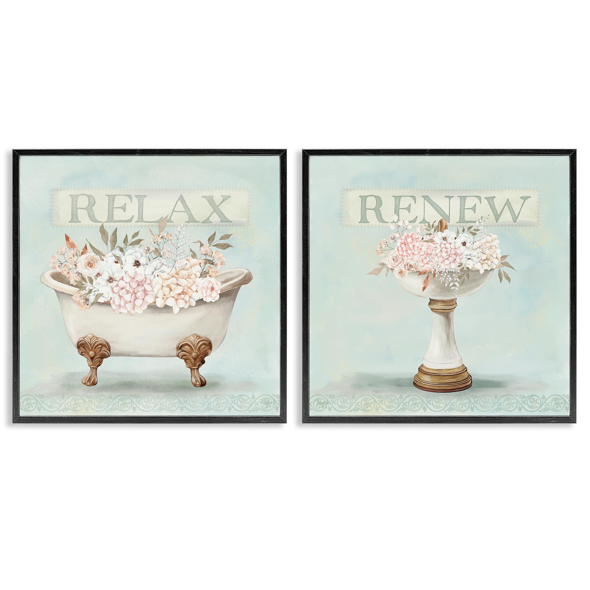 Stupell Industries Relax Renew Serenity Floral Bath 'Antique Florals Relax Renew'| 2Pc Framed Giclee Art Set 2