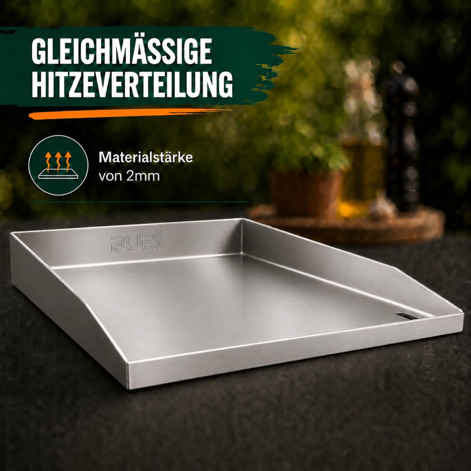 Piastra per griglia in acciaio inox, 30 x 20 x 3,5 cm, per barbecue | BURI, 2 mm, in acciaio inox, resistente al calore, con foro di scarico, per hamburger, accessori per barbecue, barbecue a gas