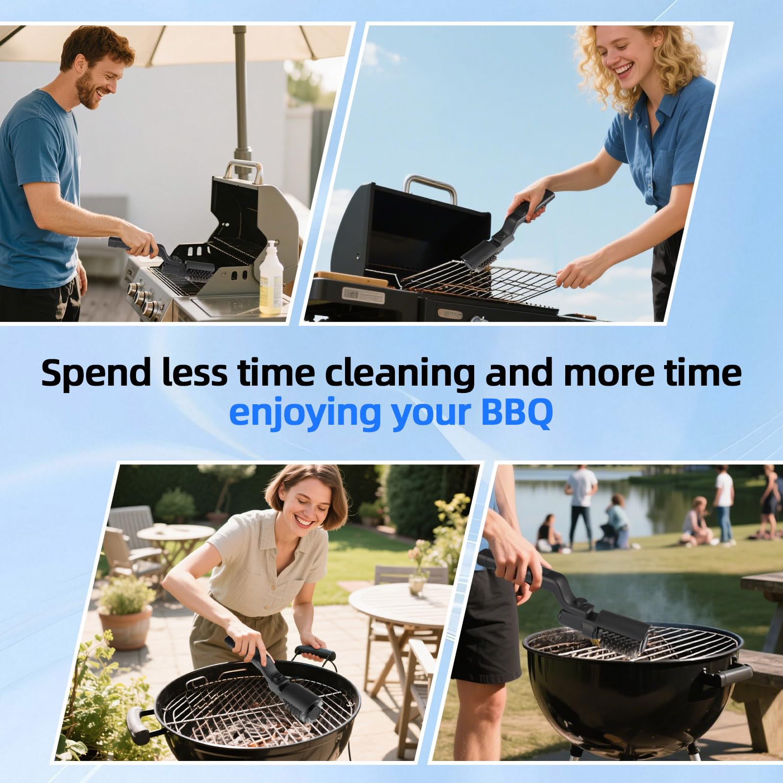 Spazzola Elettrica per Barbecue a Batteria – Testa Orientabile 180°, 3 Velocità, 90 Minuti Autonomia, Impermeabile, Teste Acciaio Inox e Nylon