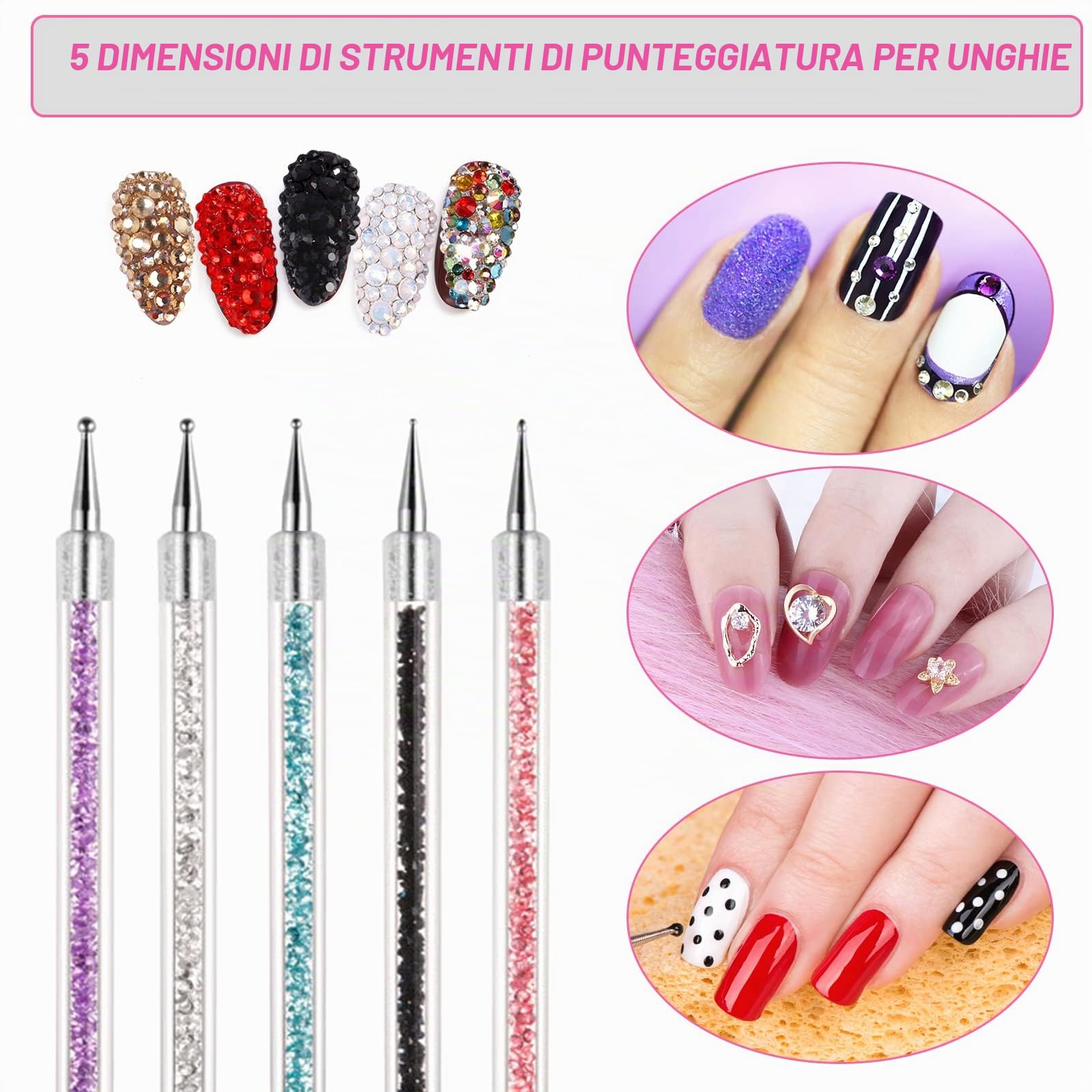 Sularpek 5 Pezzi Pennelli per Unghie, Pennelli Unghie Doppia Testa, Brush per Nail Art Penne dotter, Liner Pittura Pennello Set per DIY Disegno Decorazioni