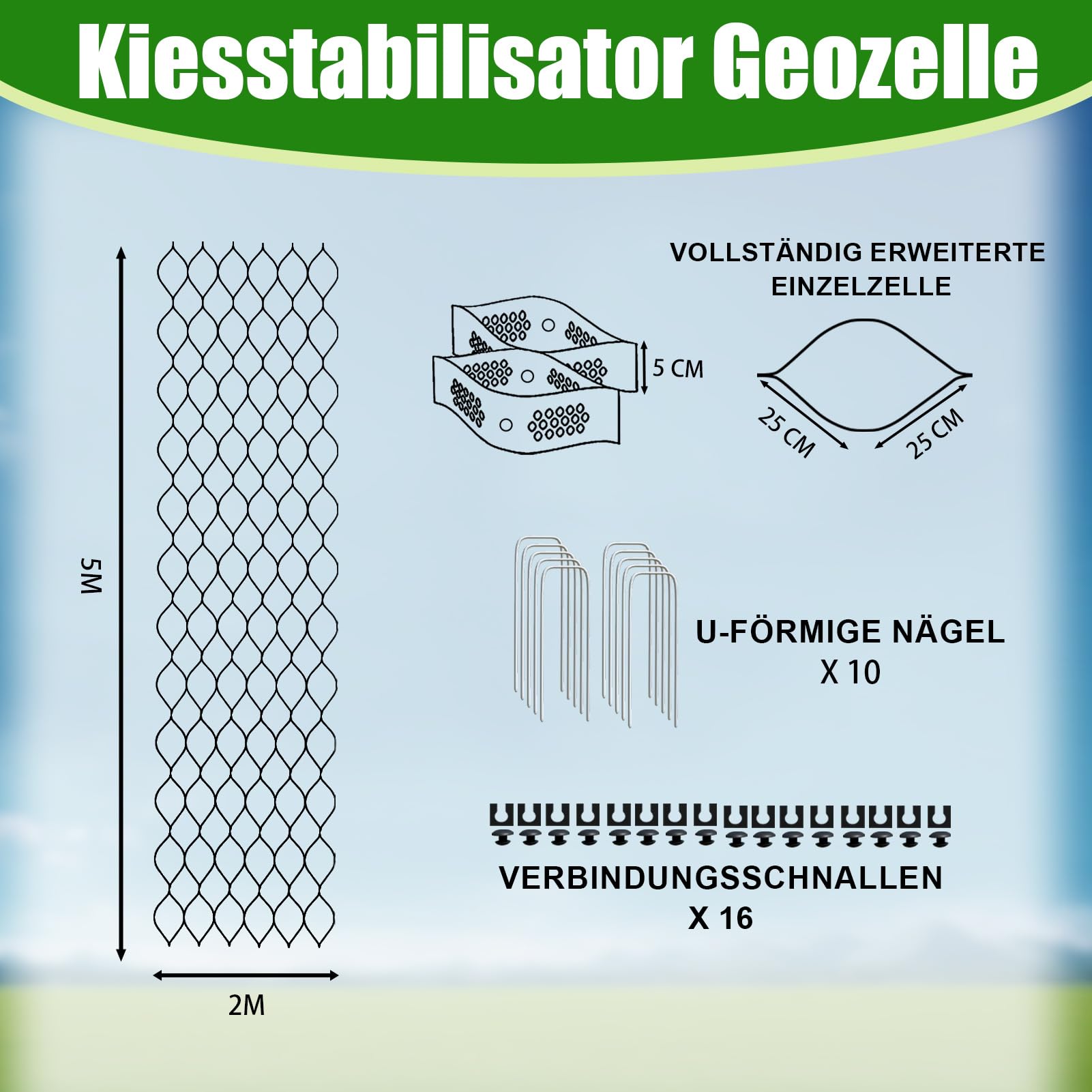 5 cm Dickes Kies-Bodengitter, 2 x 5 m – Geogitter-Gitter zur Stabilisierung von Einfahrten, Kies-Haltegitter, 800 kg pro Quadratfuß, Geocell-Geogitter für Gehwege, Wohnmobil-Parkplätze