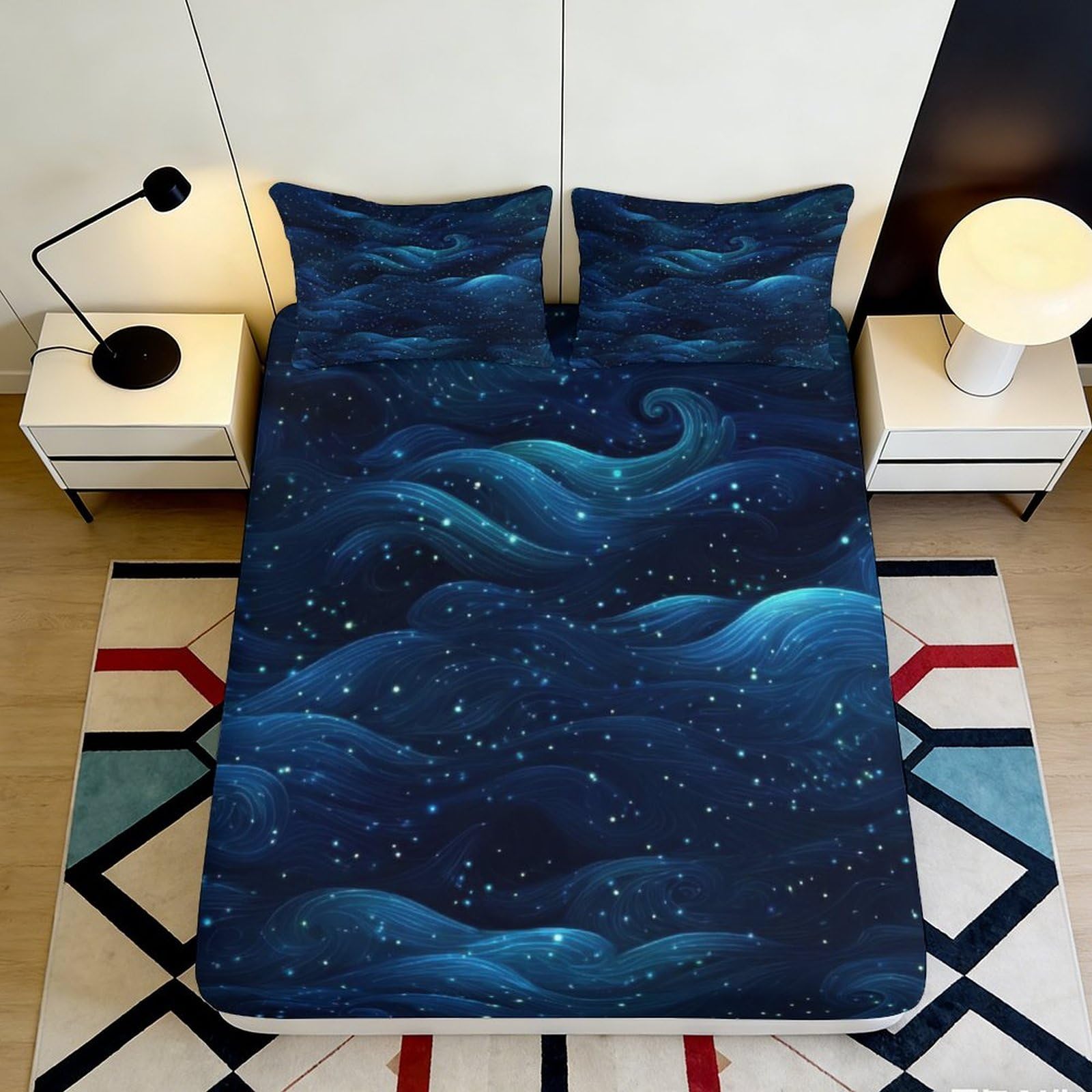 3D Printed Starry Ocean Fitted Sheet Microfiber Soft Deep Blue Night Sky Bed Cover Non Slip Bedroom Decor 90x200x25cm