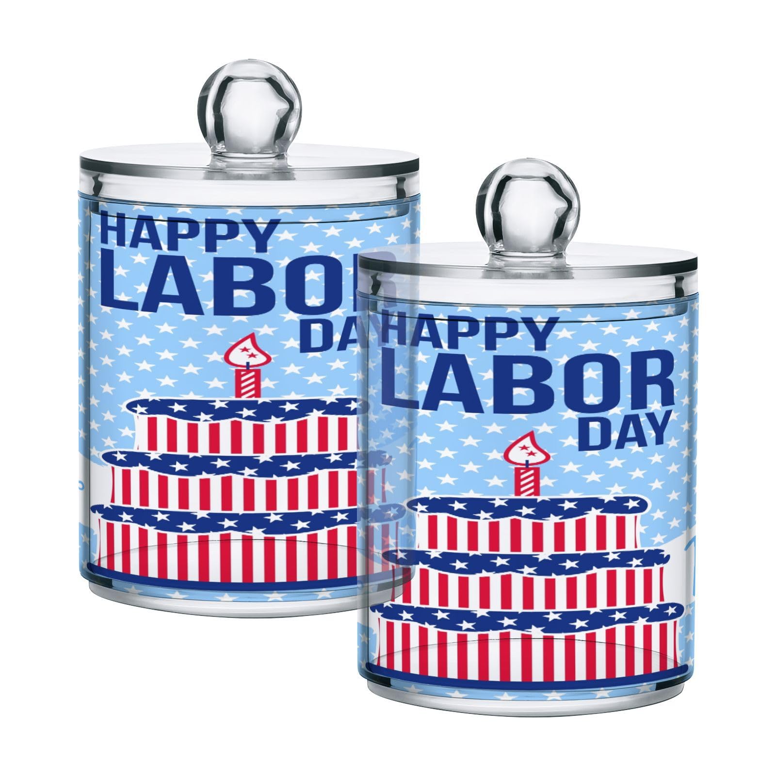 Happy-labor-day-print Restroom Bathroom Organizers with Lid Qtip Holder Dispenser Apothecary Jars Cotton Balls Pads Swabs Holder Jar 4