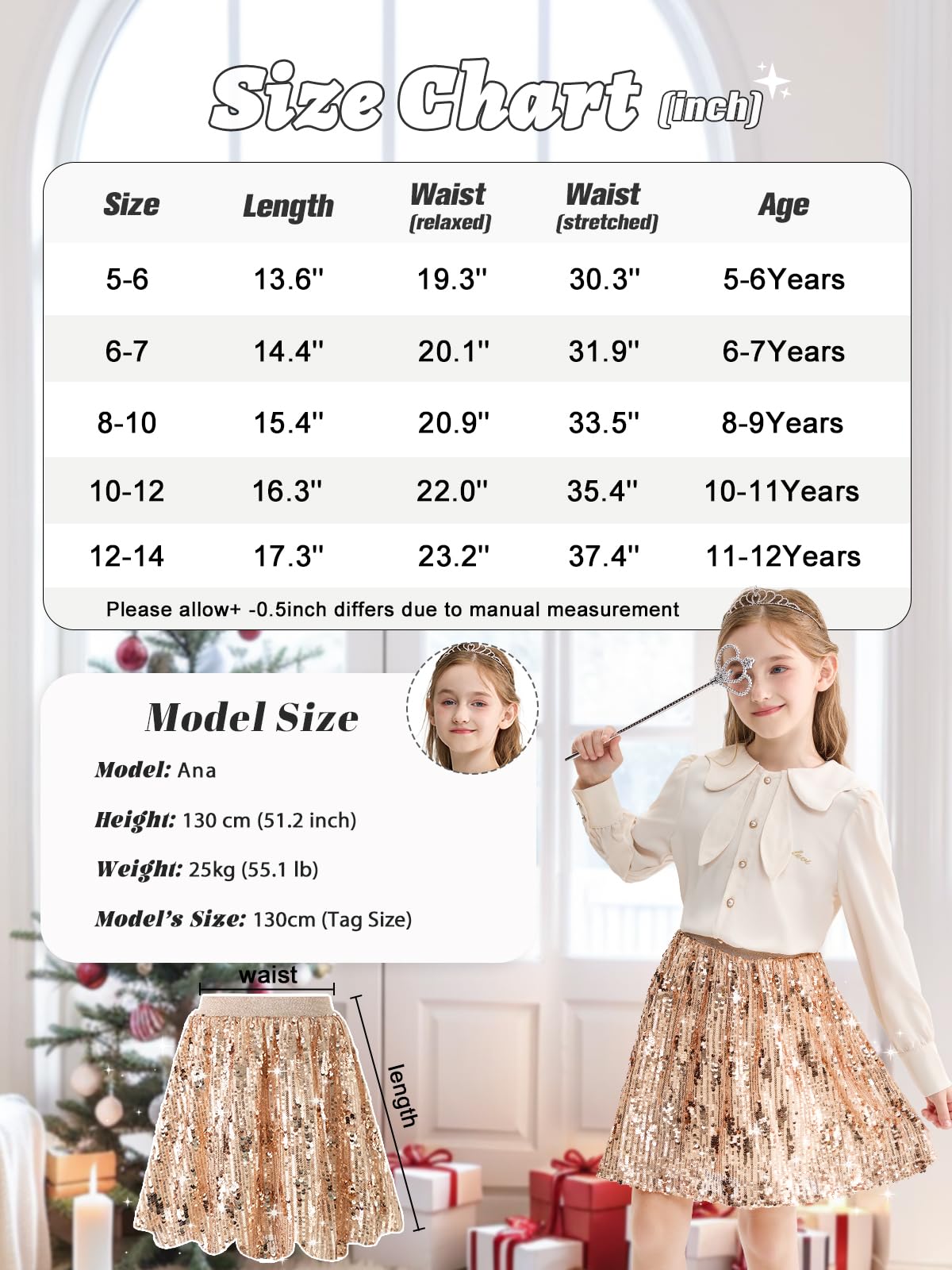 Rolanko Gonna con paillettes elastica in vita glitterata con fodera scintillante gonne scintillanti per bambini da ballo per bambini 5-12 anni