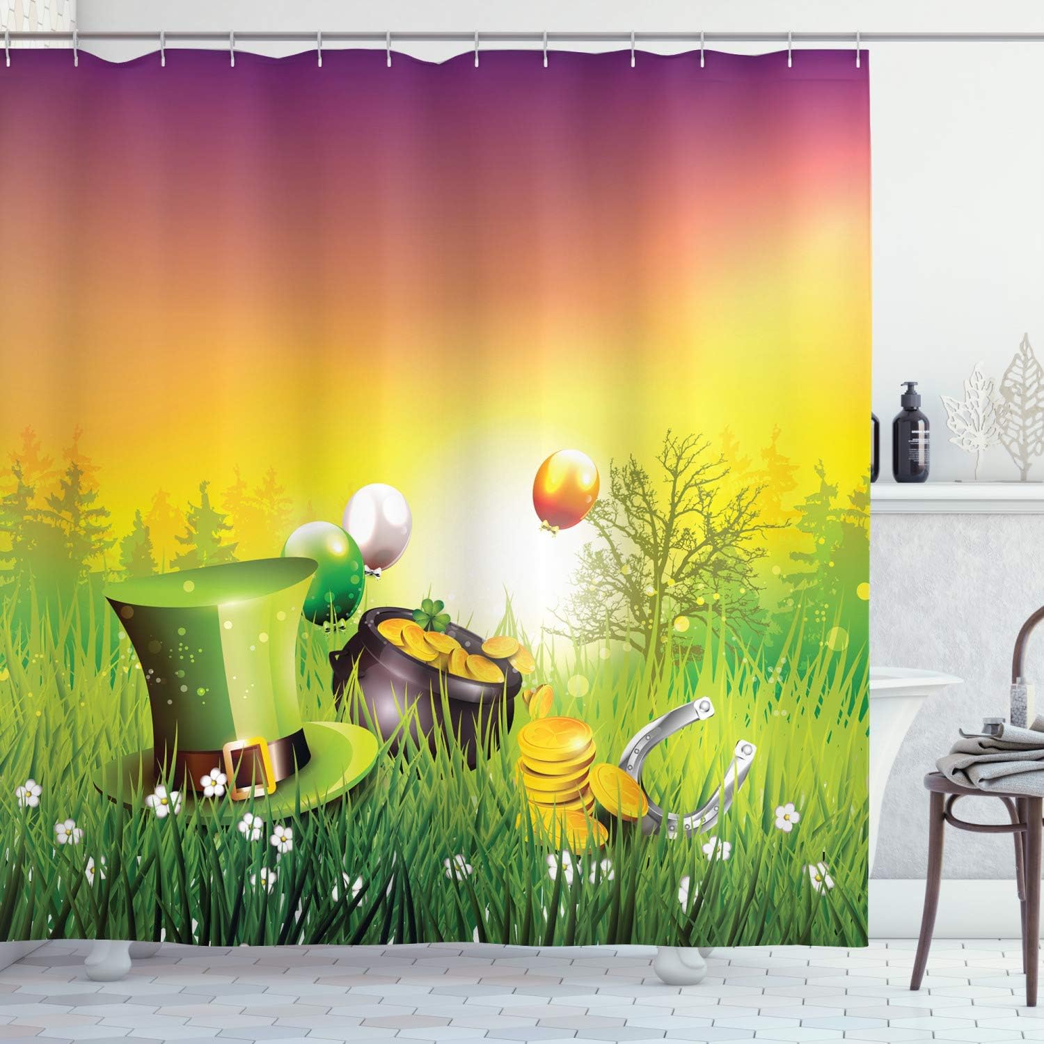 Ambesonne Gothic Shower Curtain, Fictional Middle Age Mythical Stone Bench Balcony Building with Hummingbird Graphic Print, Cloth Fabric Bathroom Decor Set with Hooks, 69" W x 70" L, Grey