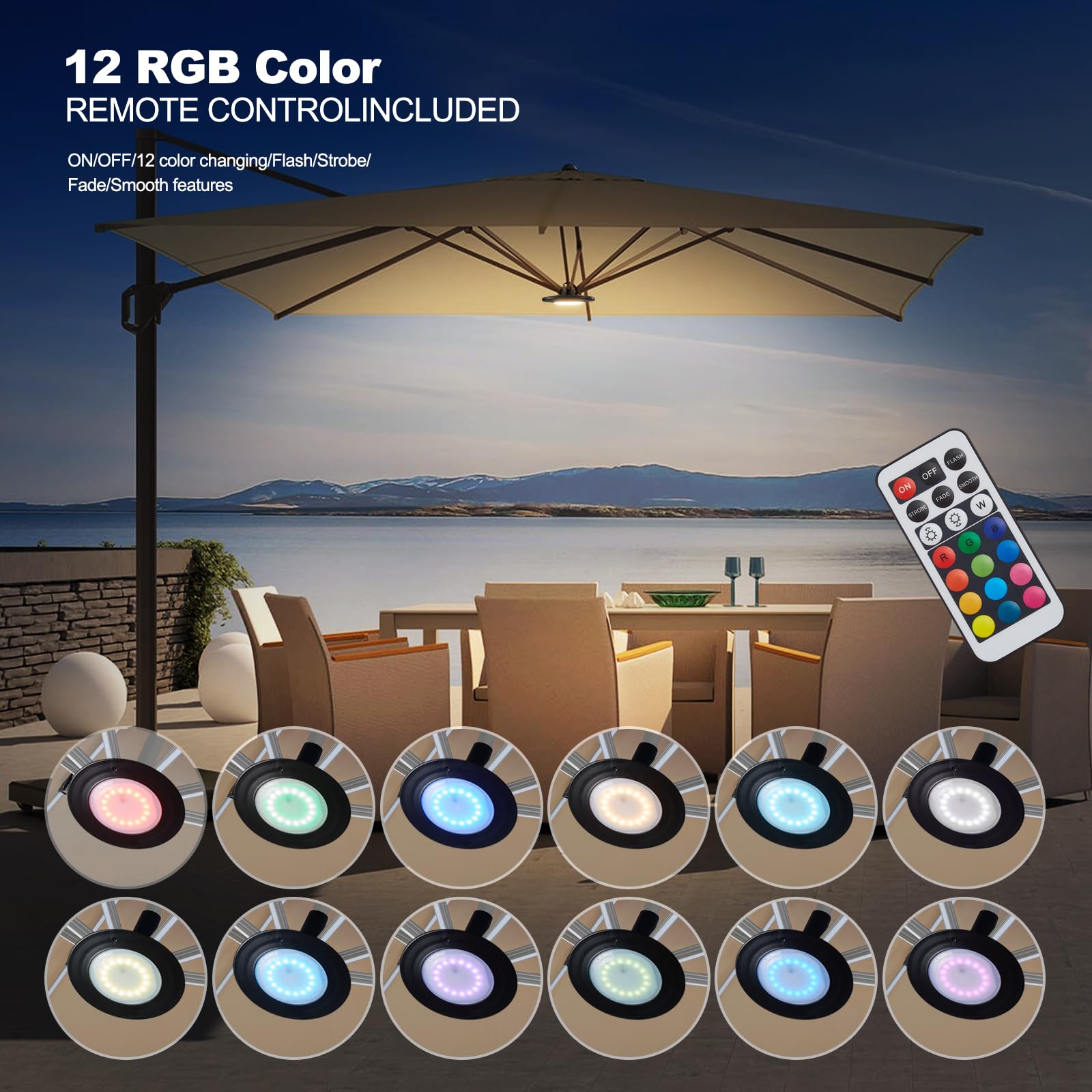 Powfloven Lampe LED pour parasol de terrasse avec télécommande, batterie rechargeable portable, 3 modes de luminosité, 12 couleurs à intensité variable pour parasols de terrasse, tentes de camping,