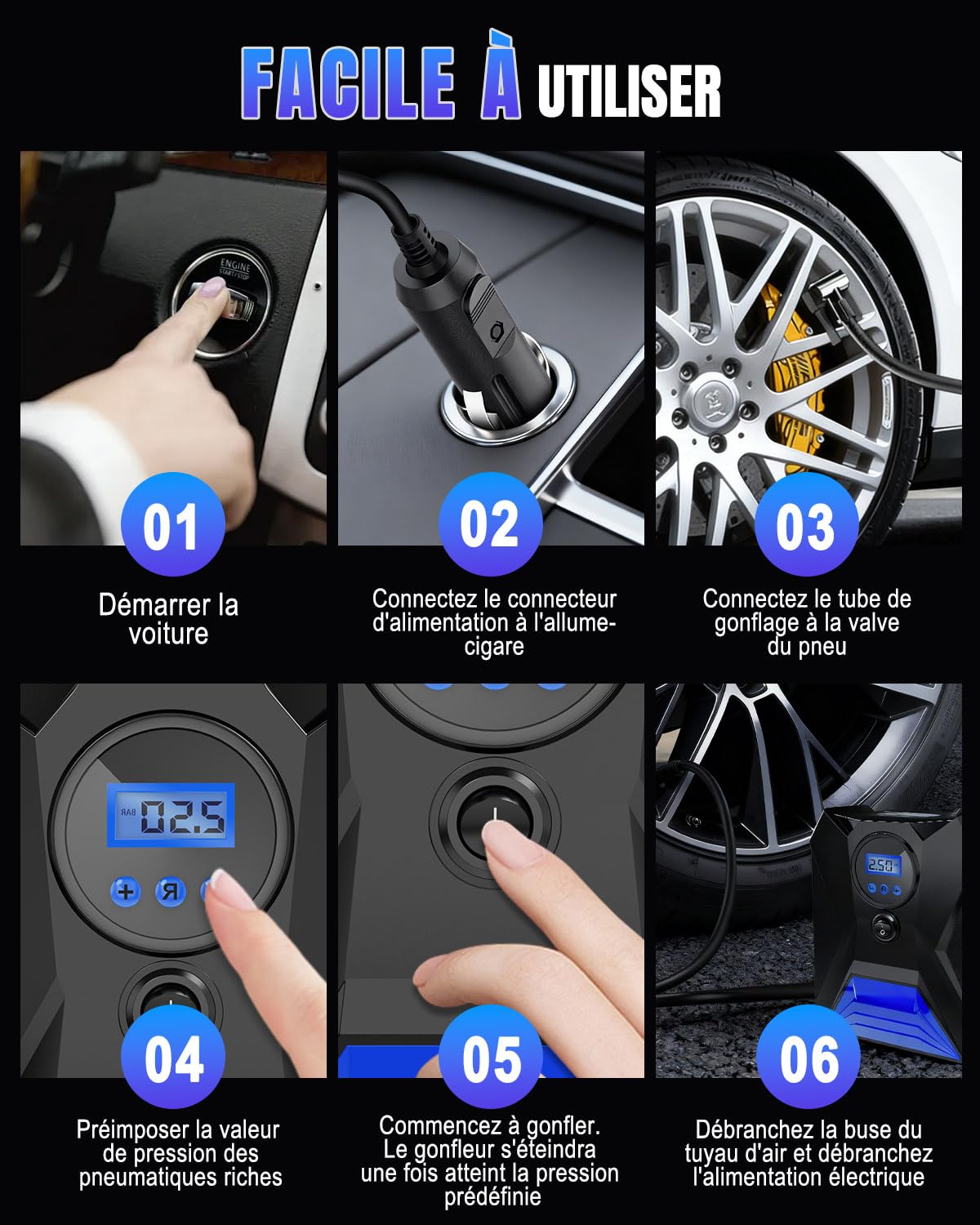 Gonfleur Pneus Voiture Portable 12V, Gonflage Rapide avec Écran Numérique HD, Mémoire Intelligente, Arrêt Automatique, 4 Unités de Mesure, Lumière LED, Idéal pour Vélo, Moto, Ballon (Bleu)