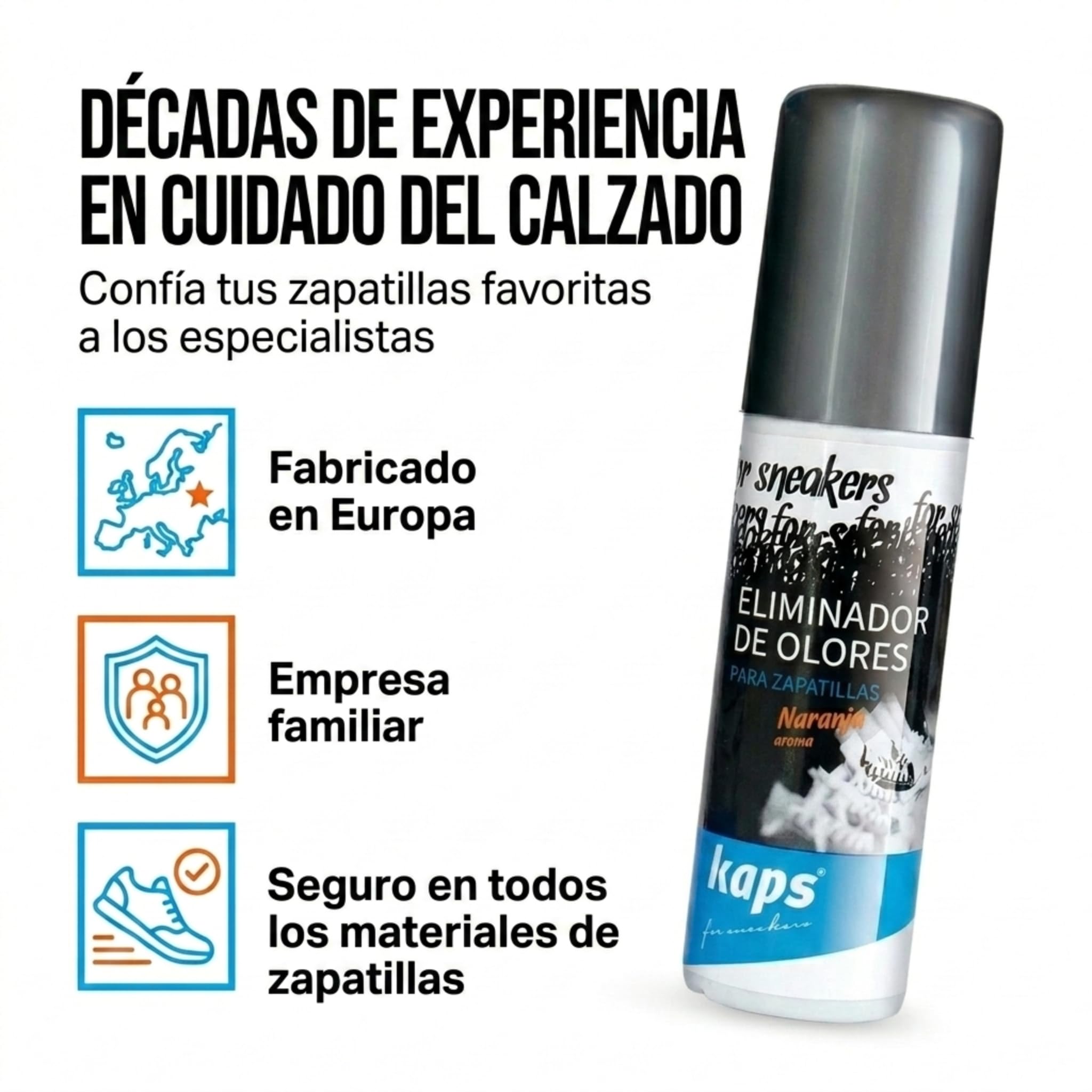 Kaps Desodorante Zapatos para Zapatillas y Calzado Informal, Aroma de naranja, con Nanopartículas de Plata, Eliminador de Olores de Zapatos