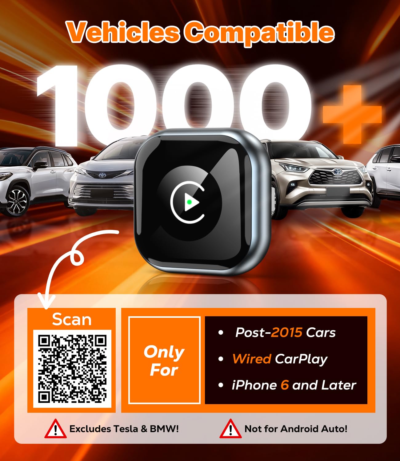 Adattatore CarPlay wireless SOLO per Apple CarPlay Cablato installato In Fabbrica & iOS 10+ – Converte Car Play Cablato in Wireless – USB C/A Plug & Play, Super Mini, Connessione Bluetooth Stabile