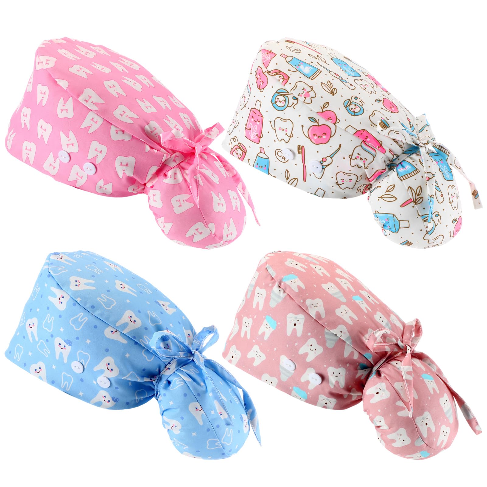 Unittype 4 Pcs Nurse Caps for Women Nursing Working Caps with Button and Sweatband Adjustable Elastic Scrub Hats for Dentist