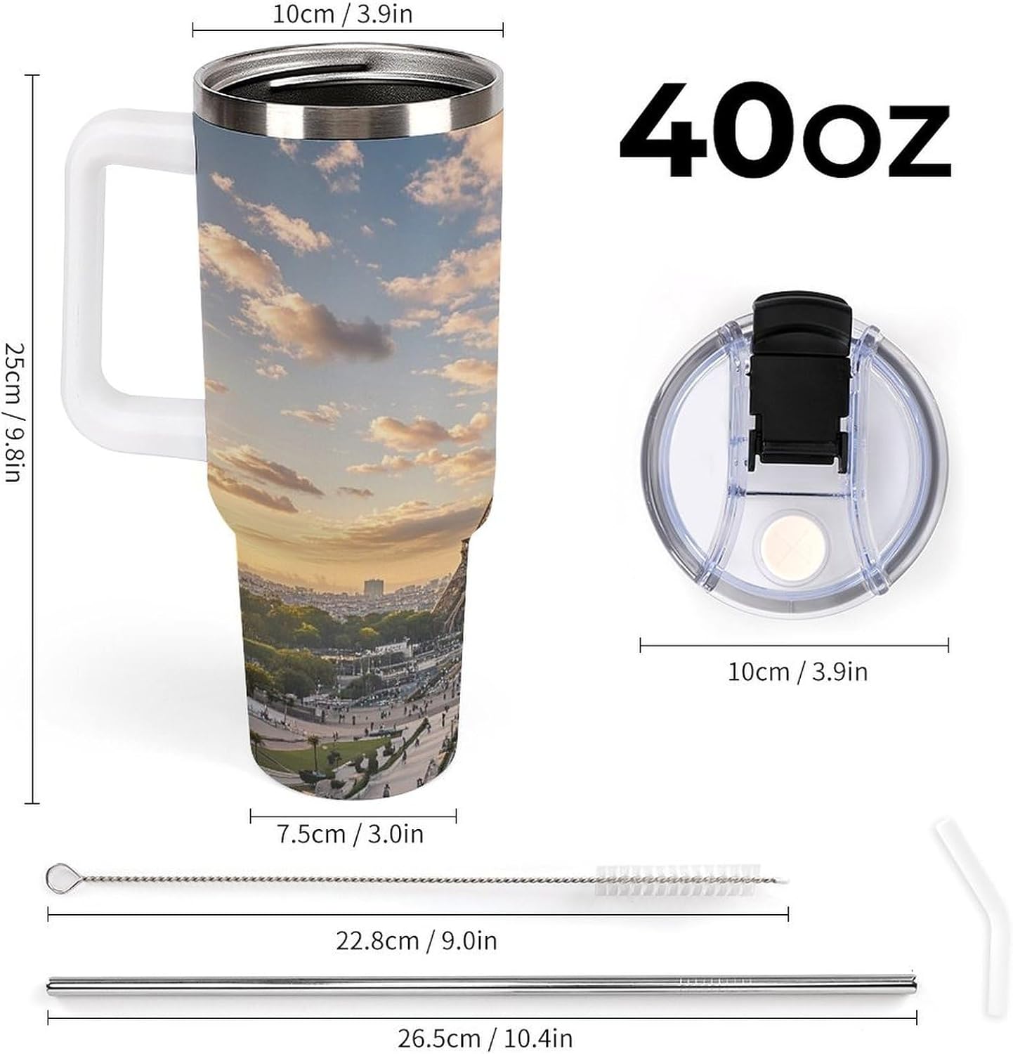 French Paris Tour Eiffel Tower Tumbler 40 Oz with Handle&Lid Large Car Cup Stainless Steel Vacuum Travel Mug Insulated Water Bottle Leak-proof Portable Coffee Cup for Home Car Outdoor
