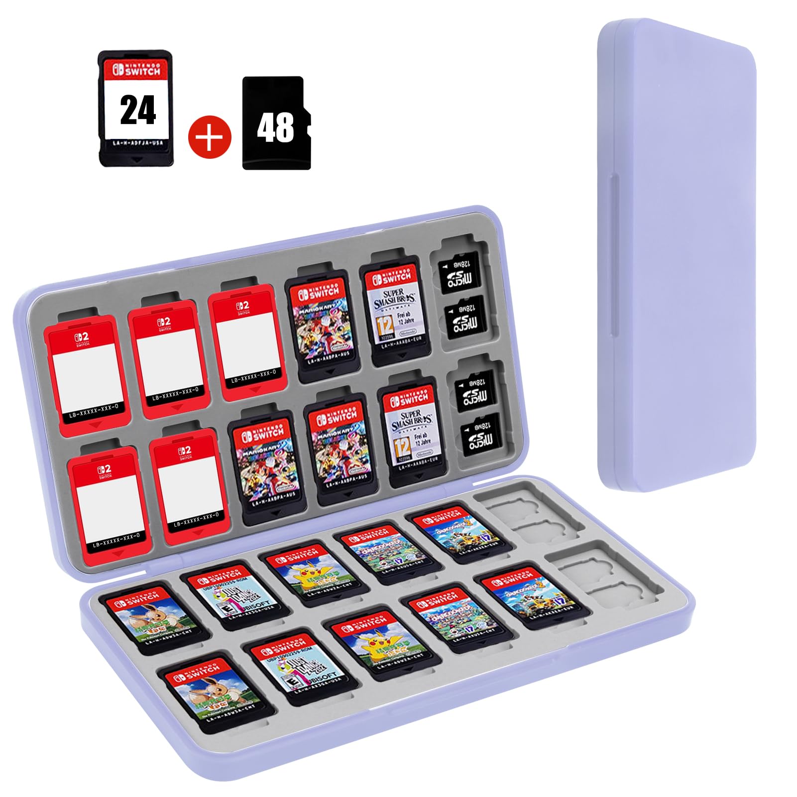 FYY Nintendo Switch Game Case Holder for Switch 2 Cartridge Case with 24 Game Card Slots & 48 Micro SD Card Slots, Hard Shell, Silicone Lining Light Purple