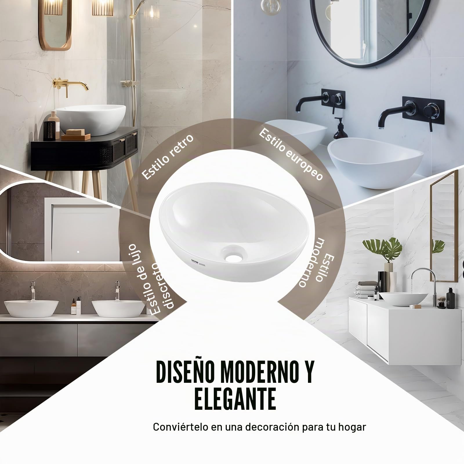 VEVOR - Fregadero ovalado, encimera de lavabo de 16 x 13.4 pulgadas, fregaderos de baño de cerámica blanca encima del mostrador, fregadero con estilo moderno, bien empaquetado para baño, hotel,