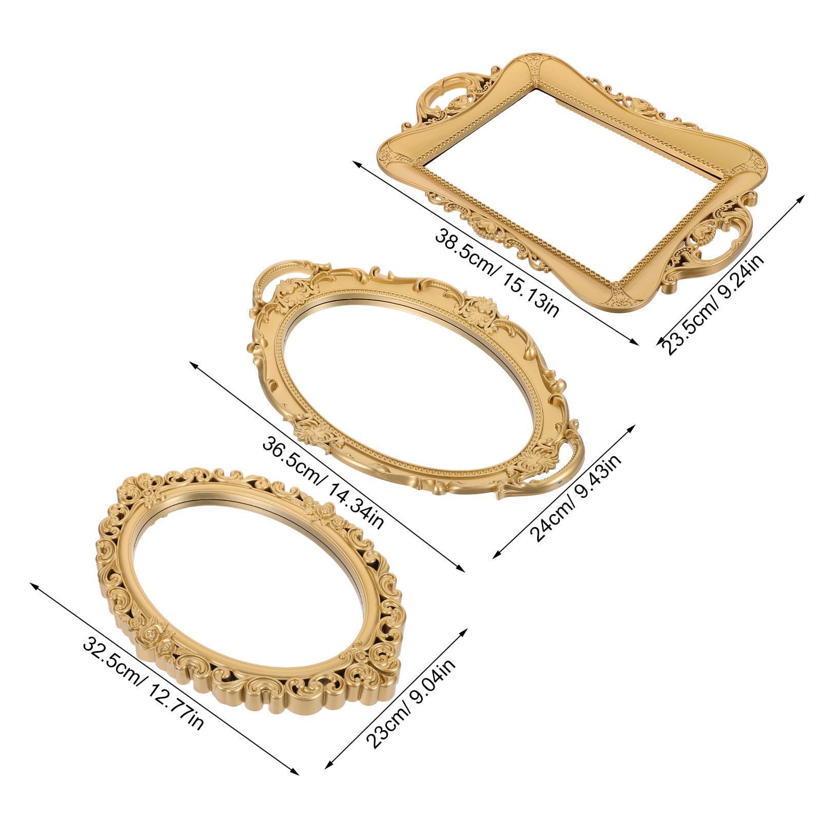 3 Pezzi Set di Specchi Vintage in Resina Oro con Organizer per Gioielli, Finitura Antica in Design D’epoca, Dimensioni 38,5x23,5 Cm, per Bagno e Camera