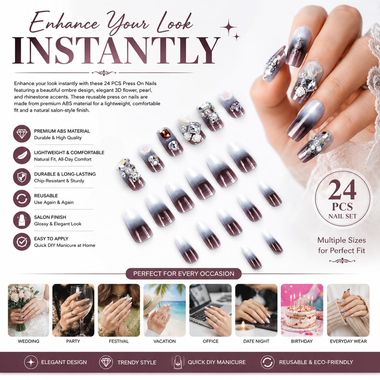 Press On Nails for Women 24 PCS, Grey Ombre Reusable Artificial Nails, Coffin Fake Nails with Crystal Rhinestones, Pearl & 3D Flower Design, Glossy Full Cover Nail Extensions, Premium ABS 2