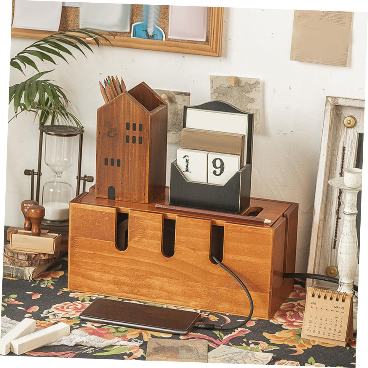 Housoutil Caja Organizadora Diseño Rústico de Madera de Gestión de Cables Tapa y Función de Organización de Escritorio para Oficina y Hogar