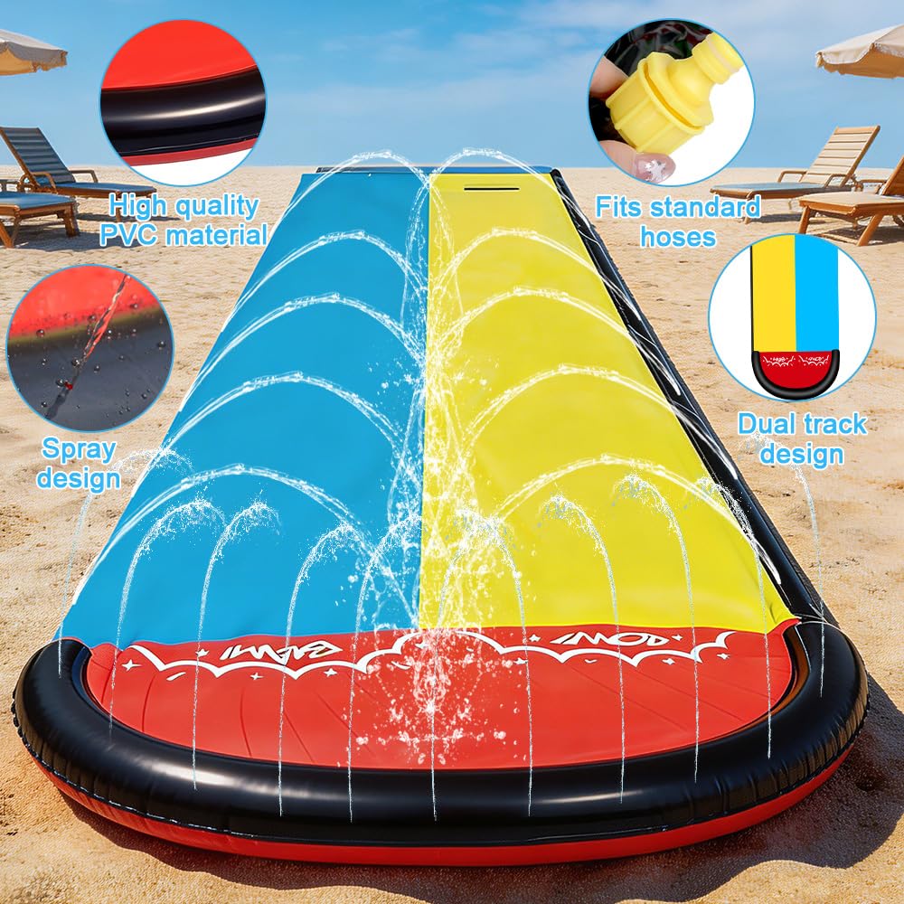 Foreverup 610CM Aufblasbare Wasserrutsche Garten für Kinder mit 2 Bodyboards Doppelrutsche