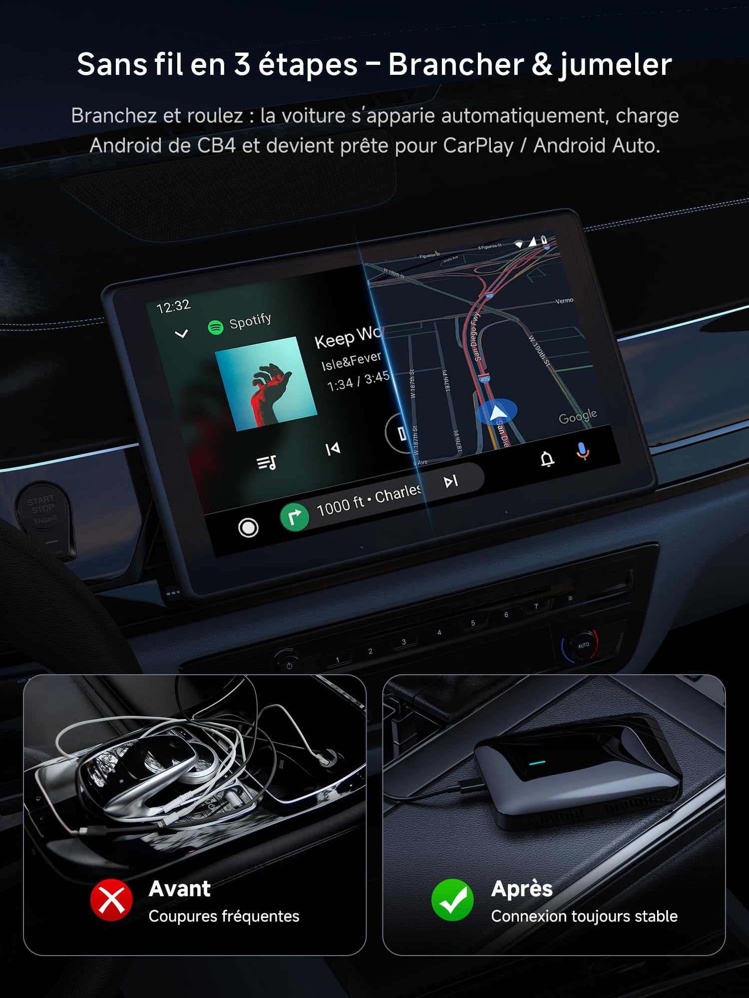 AI Box CarPlay/Android Auto Wireless Adapter, 4G+32G, Performance-Upgrade für Autos mit Kabel-CarPlay für Netflix/YouTube/TikTok, DriveChat AI, Dual-WiFi, IoT-Hub & Y-Kabel, CB4B