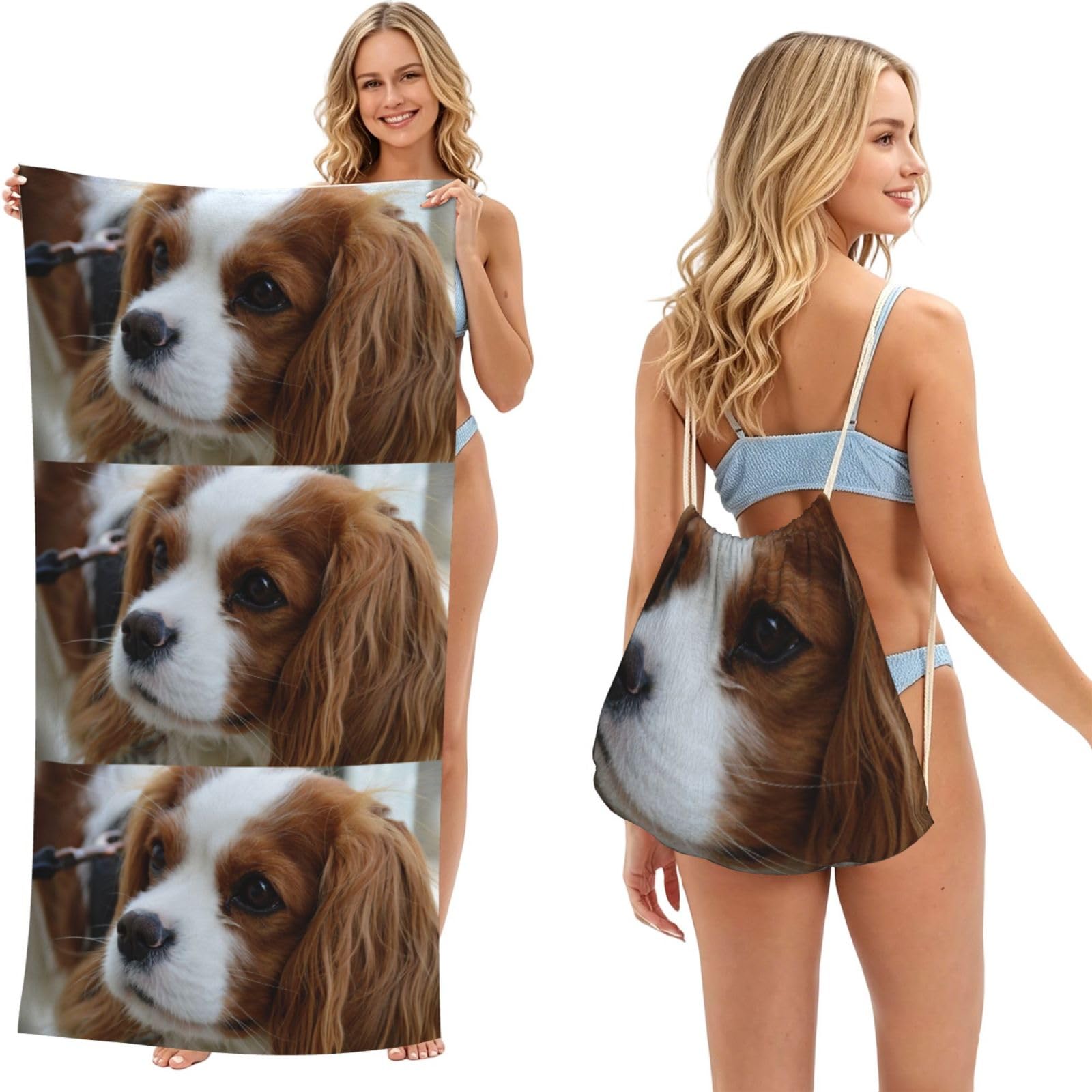 Poadnly As Picture Cute Cavalier King Charles Spaniel, 2 In 1 Packable Towel Bag, Beach Towels With Drawstring Backpack For Travel Holiday Camping