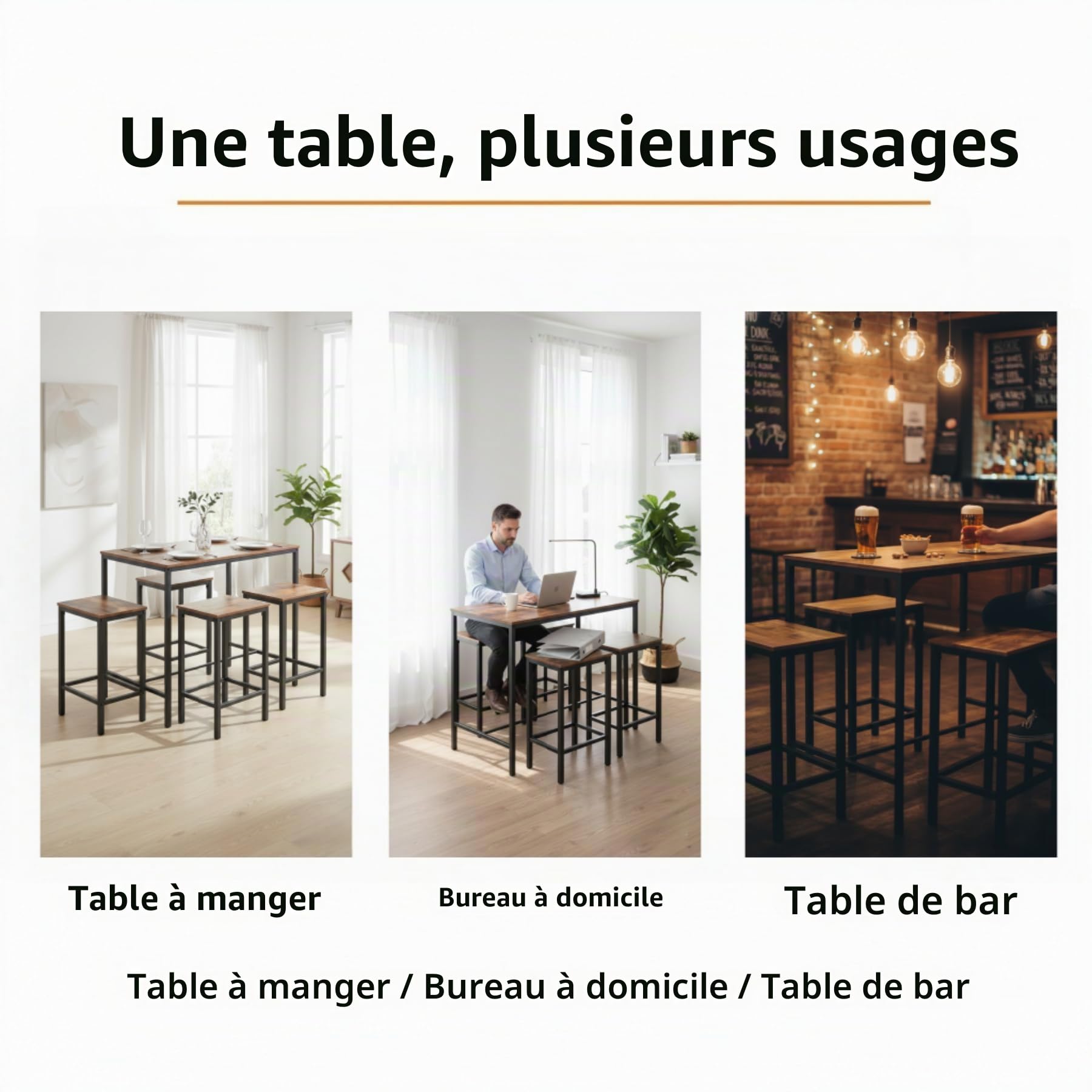 Table de Bar avec 4 Tabourets(30×40×65 cm), Ensemble Table Haute Cuisine 5 Pièces, Table Haute 100×60×90 cm, Structure en Métal et MDF, Convient aux Cuisines, Salons, Bars(Aspect Bois Vieilli)