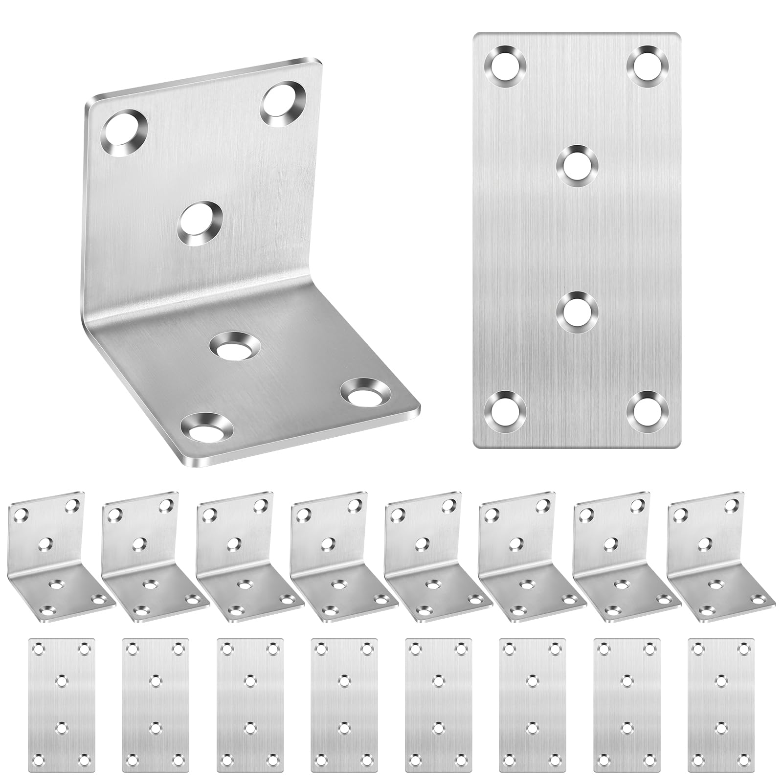 16Pcs Metal Brackets for Wood 8 L Shaped Angle Connector and 8 Flat Joining Plates, Heavy Duty Sleeper Brackets