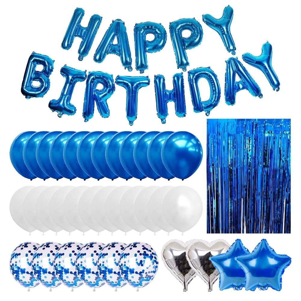 Blue Birthday Party Decorations Set, Happy Birthday Balloons Banner Latex Balloon Heart Foil Balloon, Fringe Curtain, Blue Theme Birthday Party Supplies