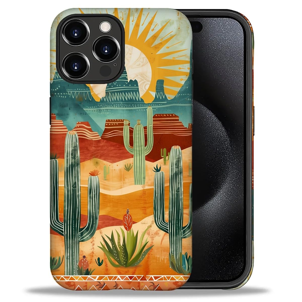Bvkilrvc Compatible with iPhone 16 Pro Max Case, Desert Cactus Boho Pattern Print Phone Case Funny Liquid Silicone Case Impact Resistant Anti-Scratch