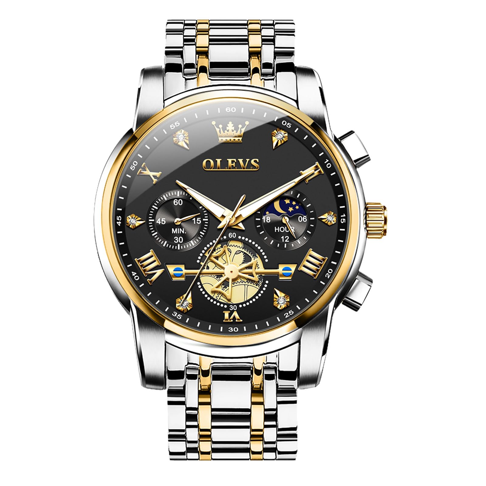Men Watches Stainless Steel Chronograph Watch, Large Wrist Analog Quartz Watch, Fashion Waterproof Diamond Roman Numerals Dress Watches for Men, Gold/Black/White/Blue/Grey Dial