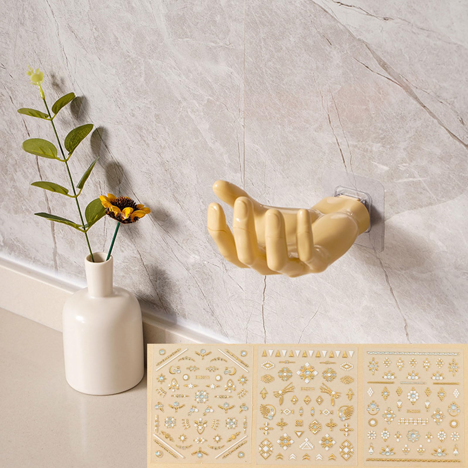 Arrebol 3D Plastic Hand Hooks for DIY Nail Art Traceless Hanger Keys, Necklace Rings, Headphones, or soapy Bathroom Shelf with 3D 3D Gold Nail