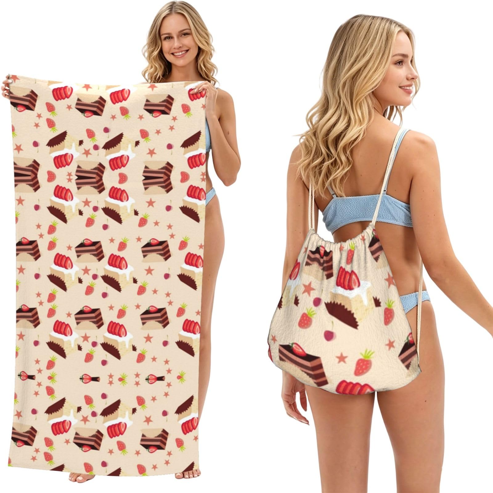 EZDLOWVBA Fruit Cakes Print Beach Towel Backpack 2 In 1 Summer Large Lightweight Beach Towel - Multifunctional Ship Pattern Towel Bag For Storage,Sport