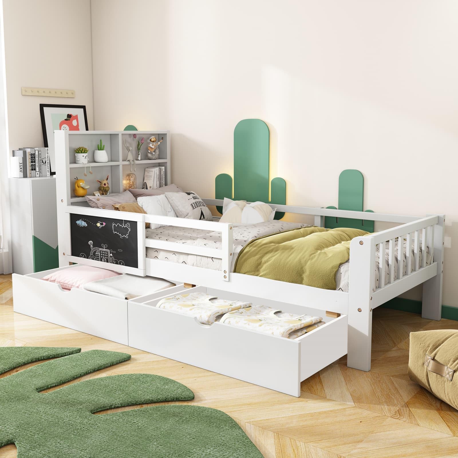 KOMHTOM - Cama infantil con 2 cajones de almacenamiento y pizarra negra, 90 x 200 cm, marco de cama con somier de madera (sin colchón)