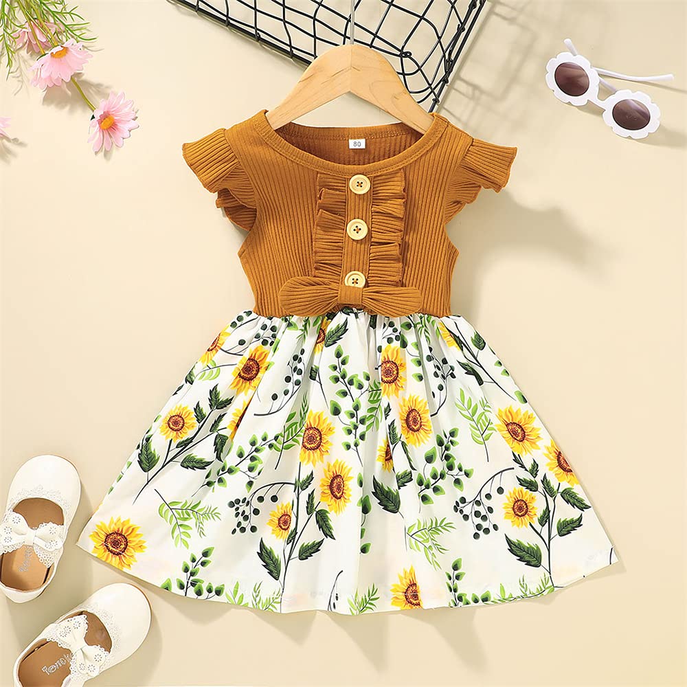 Newborn Infant Baby Girls Dress Flying Sleeve Skirt Ruffle One Piece Floral Romper Skirts Summer Clothes (Yellow,110/3-4 Y,US,Age,Big Kid,Unisex,3 Years,4 Years)