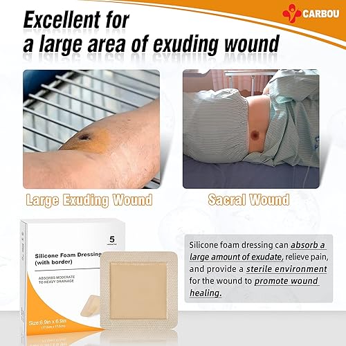 Miniatura 2 de Carbou 5 vendajes de espuma de silicona de 7 x 7 pulgadas (6.9 in x 6.9 in) – Apósito de espuma sacro para el cuidado de heridas con adhesivo de