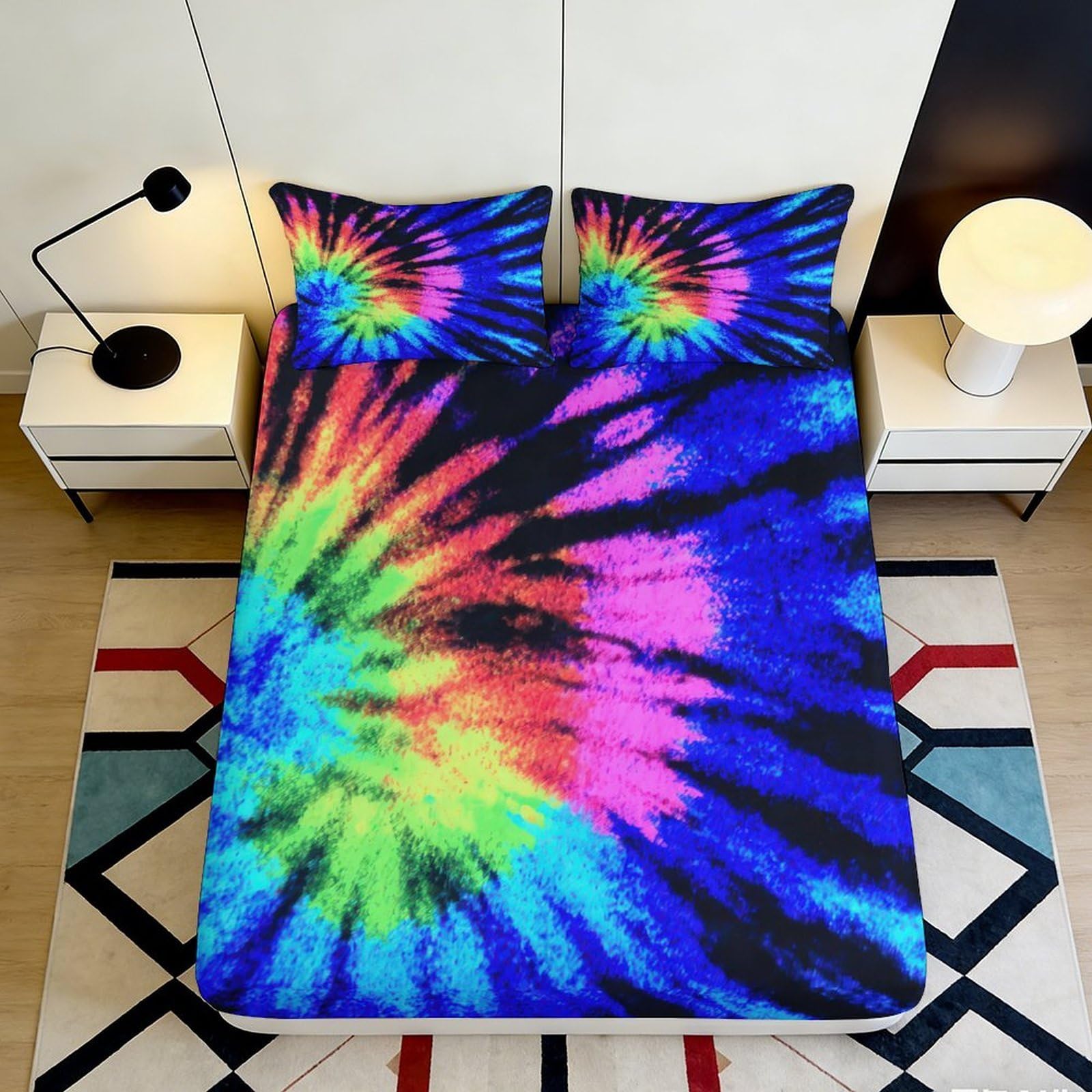 3D Printed Tie-Dye Fitted Sheet Microfiber Soft Breathable Rainbow Spiral Bed Cover for Bedroom Dormitory Guest Room Mattress Protection Decor 180x200x25cm