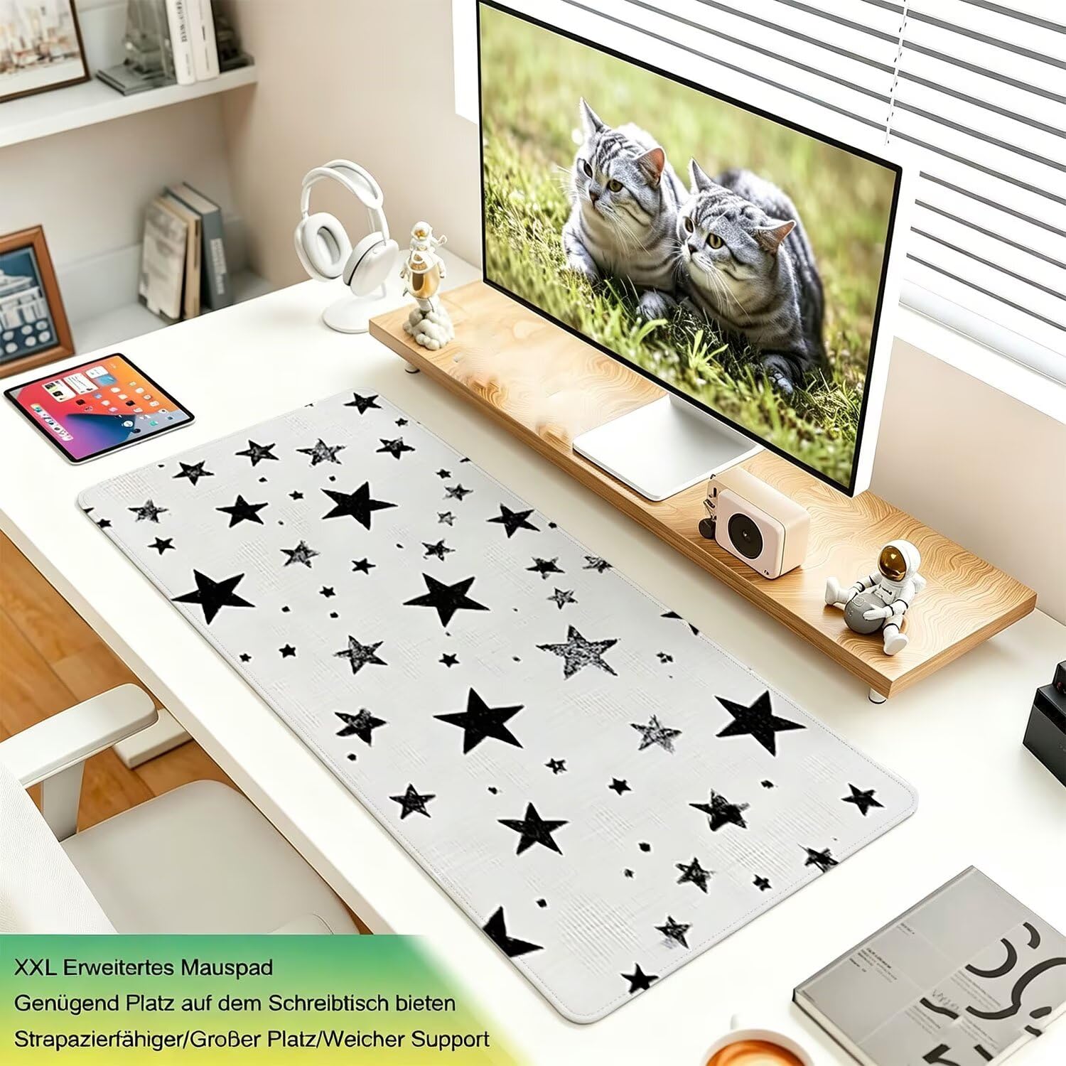 Tappetino Mouse Gaming XXL, 1200x600x4mm bianco nero Stella 0x0-215 | Tappetino Scrivania con Base in Gomma Antiscivolo Bordi Cuciti per Computer, PC, Migliora la Precisione e la Velocità