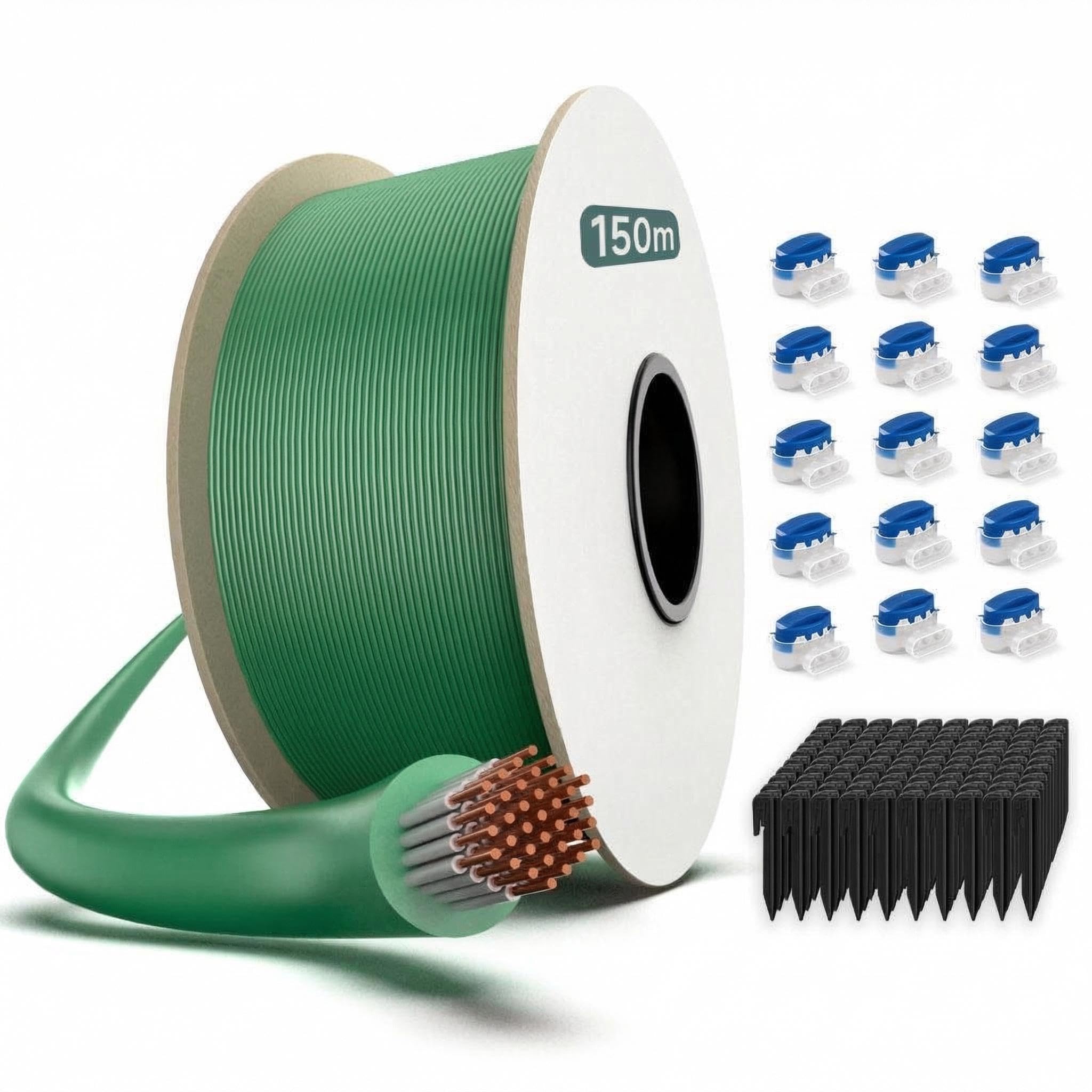 Garvee Cable Perimetral para Robot Cortacésped Kit de 150m con 450 Piquetas y 15 Conectores, Hilo Delimitador de Cobre y Plástico de Alta Conductividad Compatible con Modelos Principales, Negro Verde