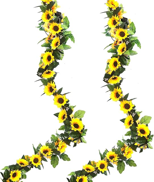 2 Pack Hanging Sunflower Garlands, Artificial Sunflower Garland Silk Sunflower Vine Faux Flower Hanging Garland with Green Leaves Fake Floral Arrangement for Wedding Party Home Décor