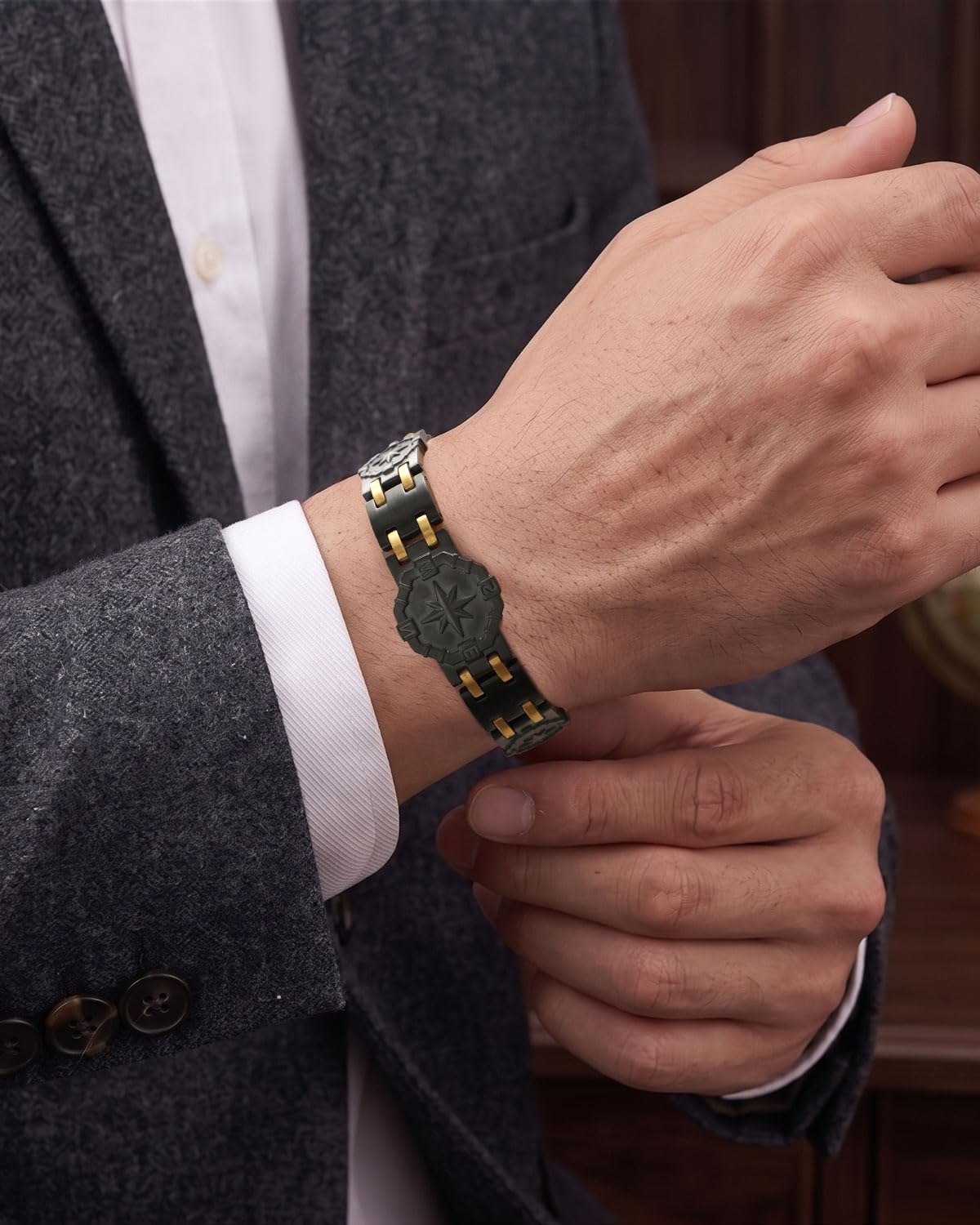 RainSo Pulsera magnética para hombre, pulsera de acero inoxidable de doble fila de 3800 Gauss, diseño náutico único, clásico, plateado, dorado, versátil, tamaño ajustable, adecuado para negocios y